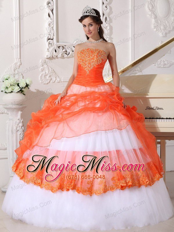 wholesale orange and white ball gown strapless floor-length taffeta and organza appliques quinceanera dress