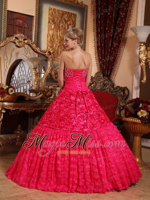 wholesale red a-line strapless floor-length fabric with roling flowers beading quinceanera dress
