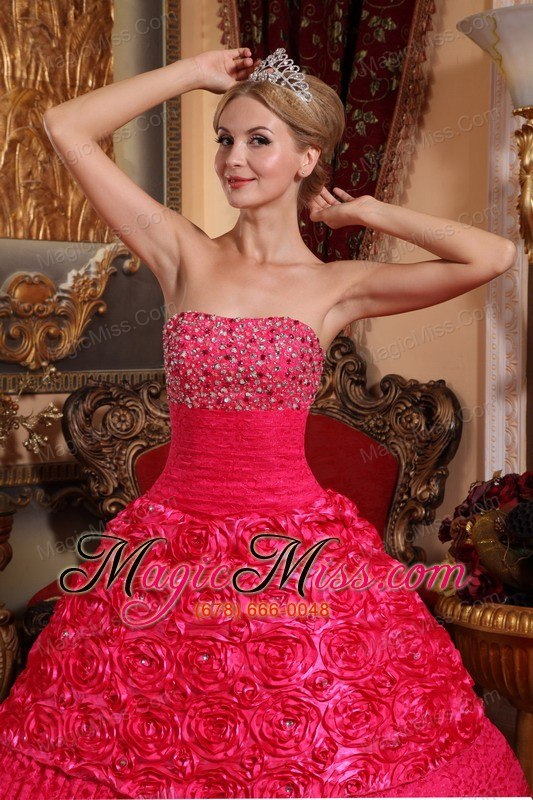 wholesale red a-line strapless floor-length fabric with roling flowers beading quinceanera dress