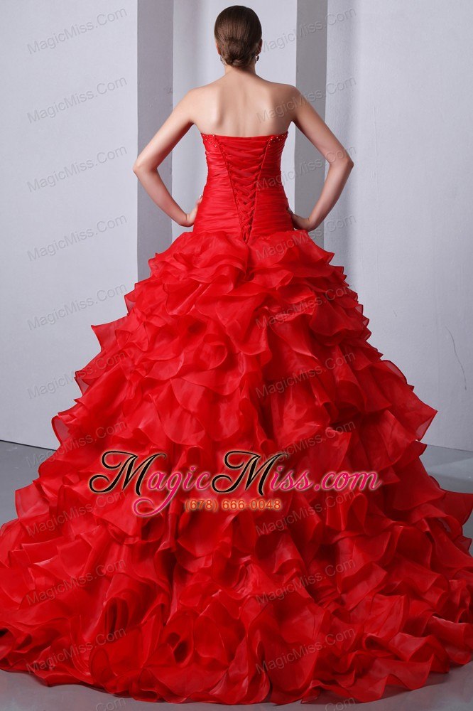 wholesale red a-line / princess sweetheart brush train organza beading and ruffles quinceanea dress