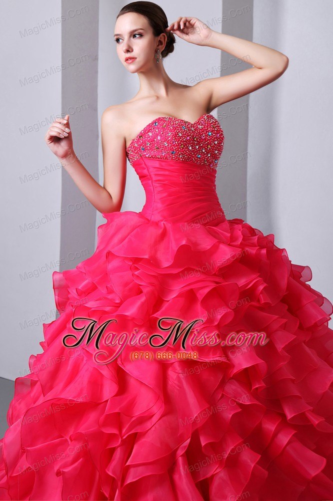 wholesale coral red a-line / princess sweetheart floor-length organza beading and ruffles quinceanea dress