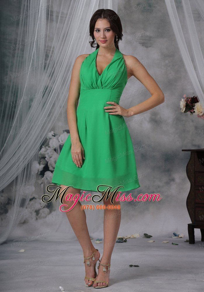 wholesale spring green column / sheath halter knee-length chiffon bridesmaid dress