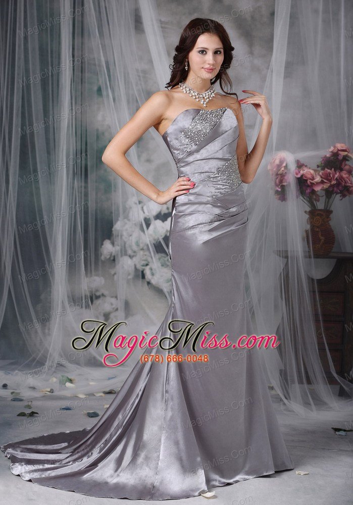 wholesale grey column strapless court train beading elastic wove satin prom dress