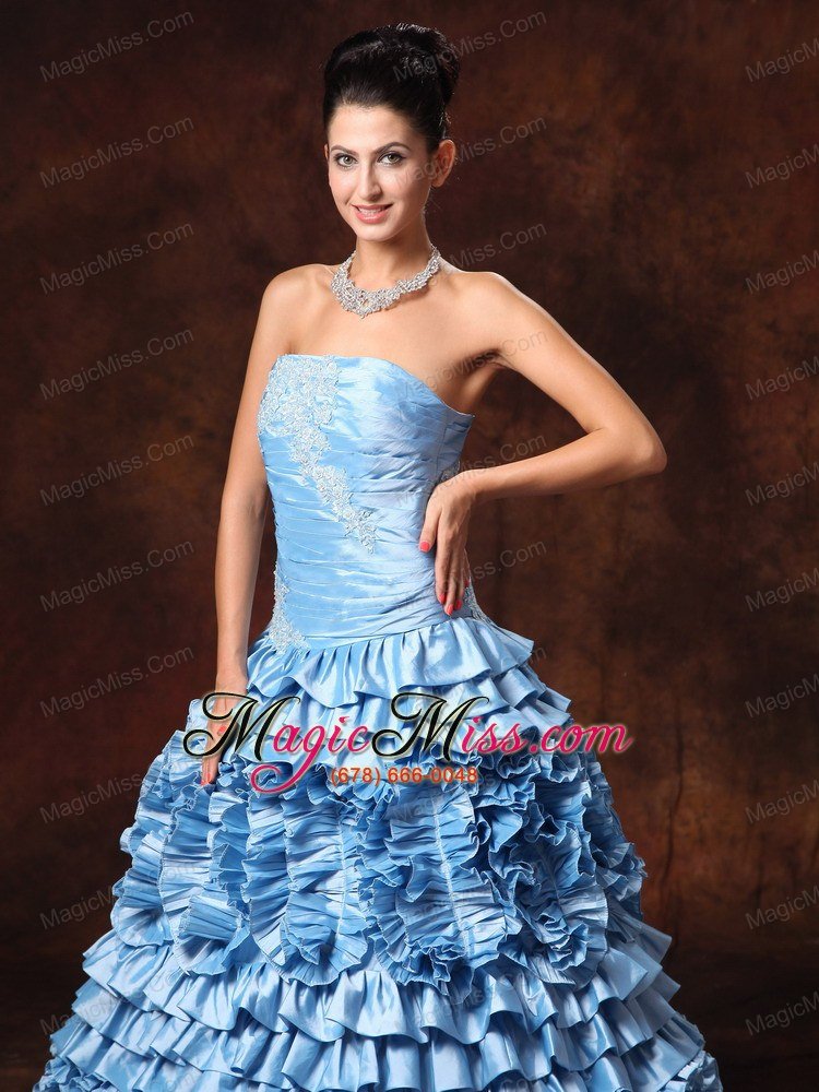 wholesale ruffles light blue strapless a-line appliques taffeta chic new arrival prom gowns in bessemer alabama