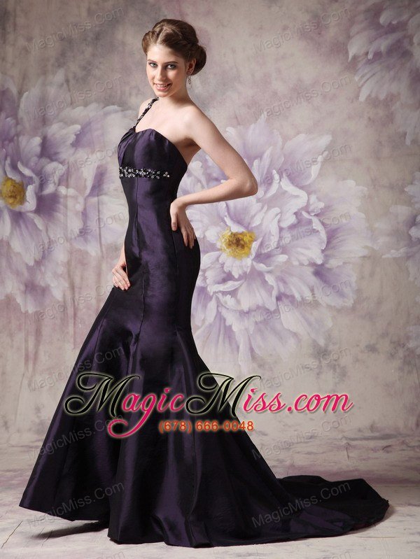 wholesale modest dark purple mermaid evening dress one shoulder satin beading brush train
