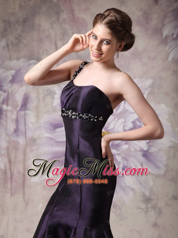 wholesale modest dark purple mermaid evening dress one shoulder satin beading brush train