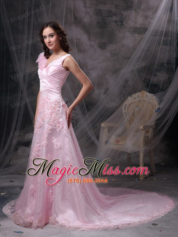 wholesale baby pink princess v-neck floor-length chiffon appliques and ruch prom / celebrity dress