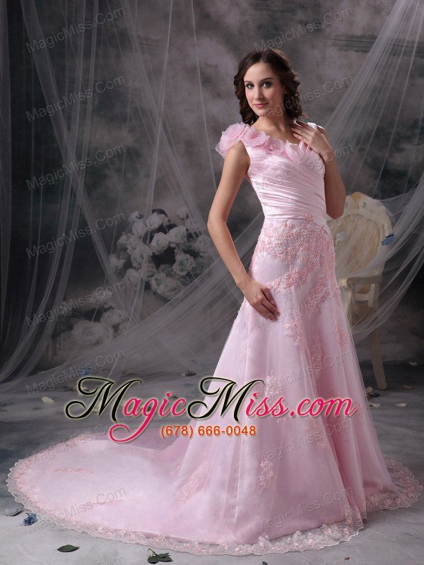 wholesale baby pink princess v-neck floor-length chiffon appliques and ruch prom / celebrity dress