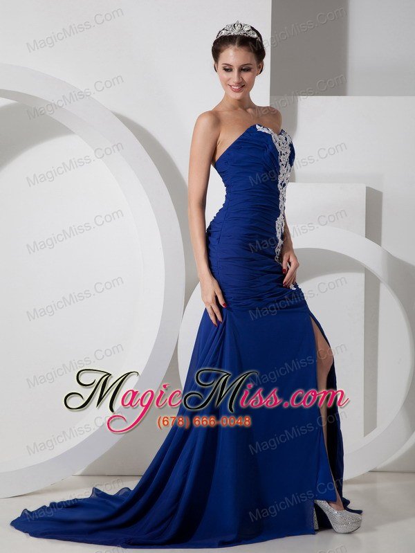 wholesale best peacock blue chiffon sweetheart prom dress with appliques and ruch