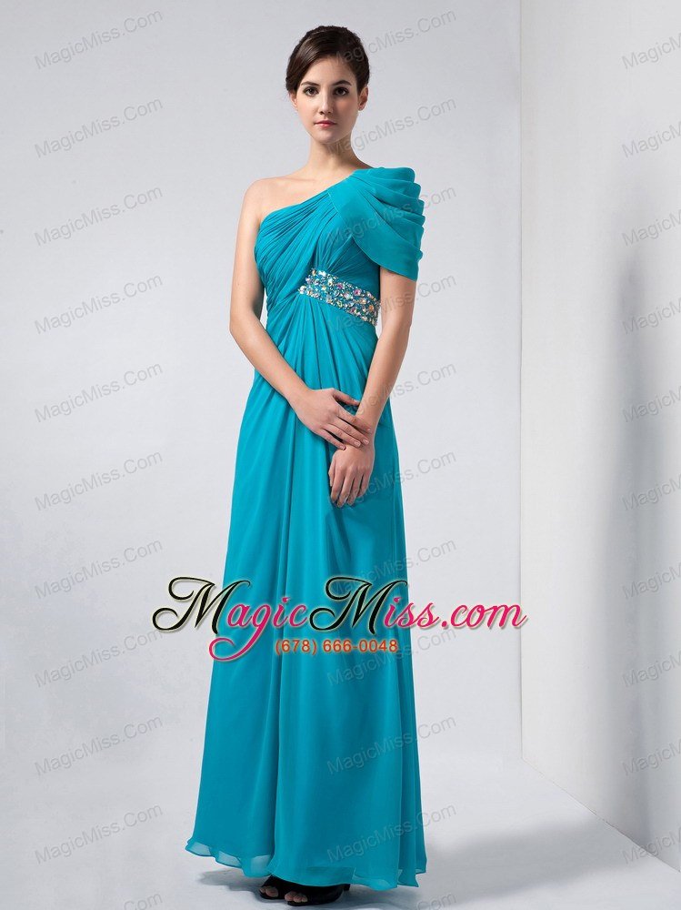 wholesale teal column one shoulder ankle-length chiffon beading mother of the bride dress