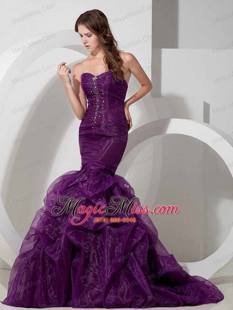 wholesale customize purple trumpet / mermaid sweetheart beading prom dress court train organza