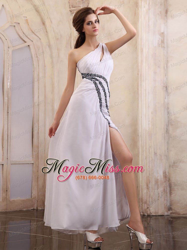 wholesale one shoulder prom dress with beaded and high slit ankle-length chiffon