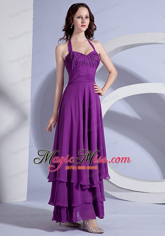 wholesale ruching decorate up bodice purple chiffon ankle-length halter 2013 prom dress