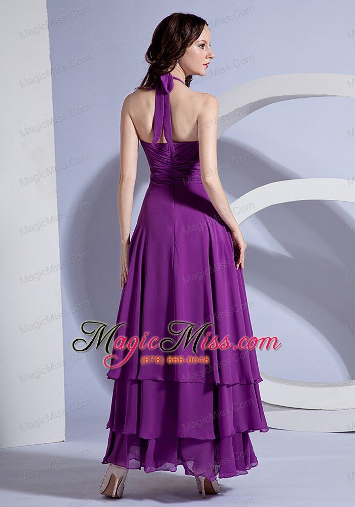 wholesale ruching decorate up bodice purple chiffon ankle-length halter 2013 prom dress