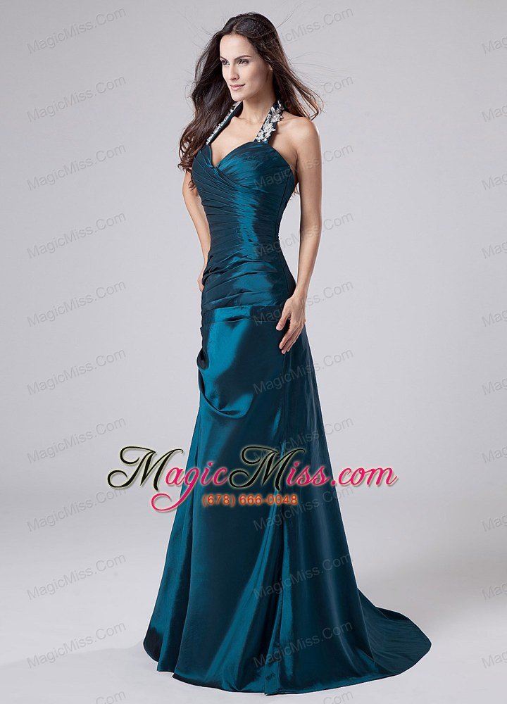 wholesale modest halter turquoise prom dress with appliques and ruch with taffeta in 2013
