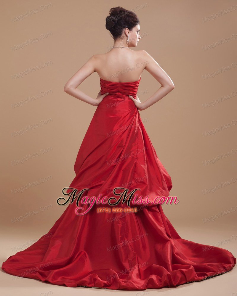 wholesale wine red prom dress high-low sweetheart beaded and pick-ups court train