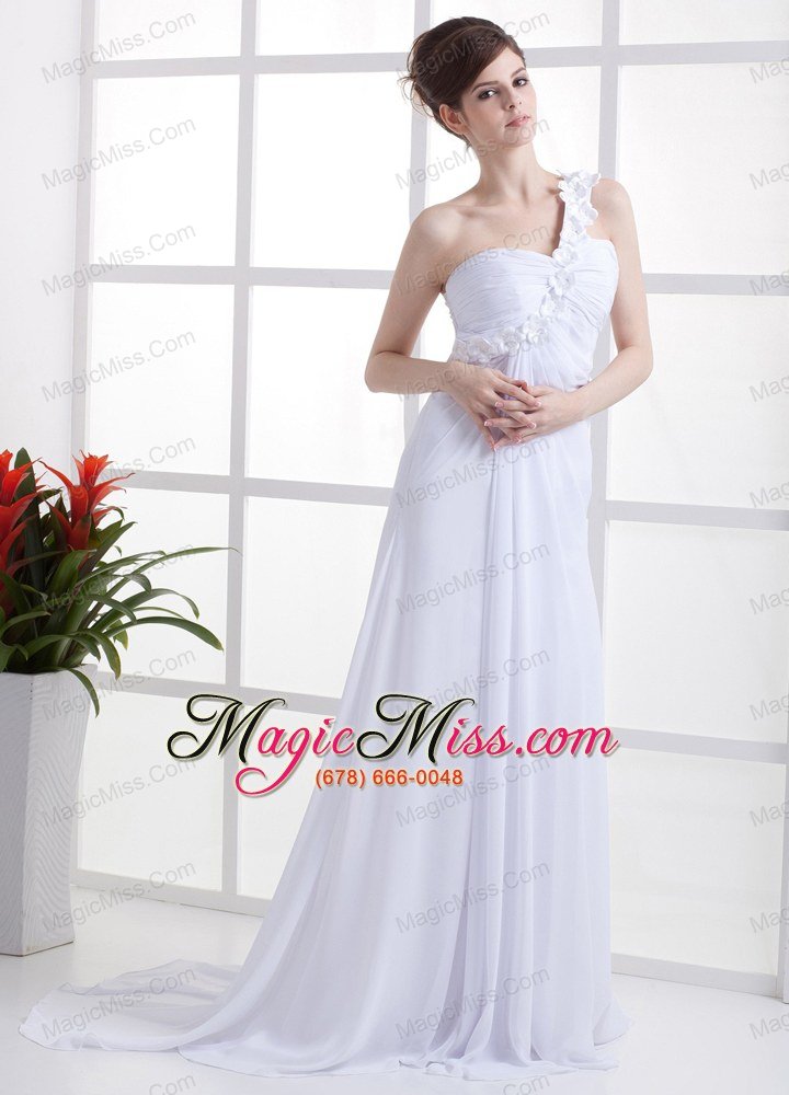 wholesale hand made flowers decorate one shoulder white chiffon high slit brush train 2013 prom dress