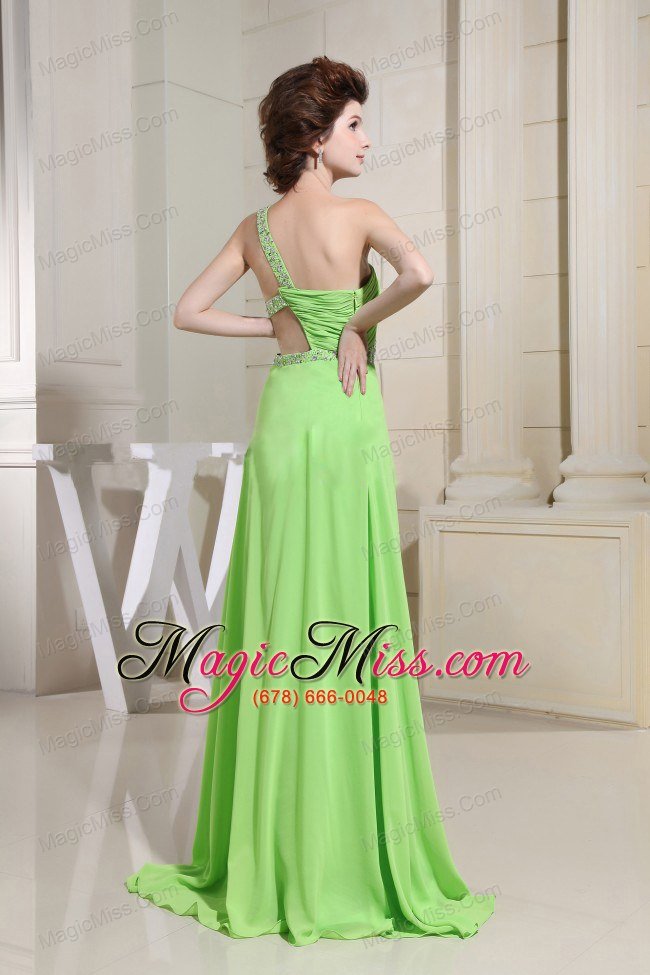 wholesale spring green prom dress with high slit one shoulder and beading ruch
