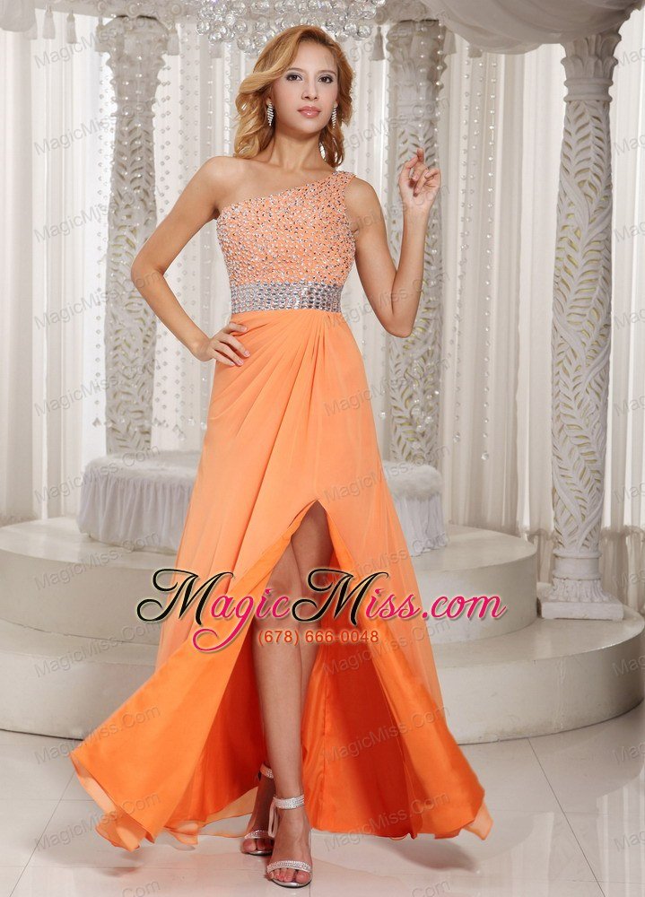 wholesale high slit one shoulder zipper orange with beaded decorate bust 2013 evening dress party style