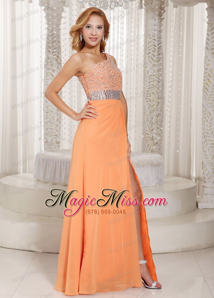 wholesale high slit one shoulder zipper orange with beaded decorate bust 2013 evening dress party style