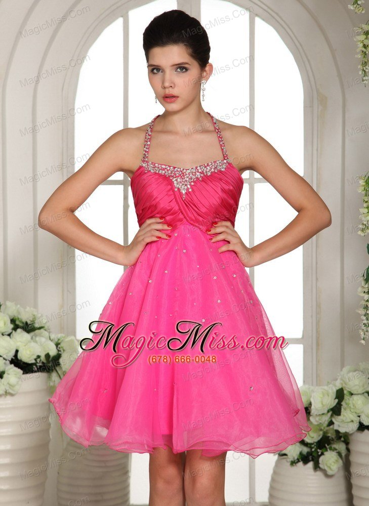 wholesale hot pink beaded spaghetti straps halter prom dress knee-length
