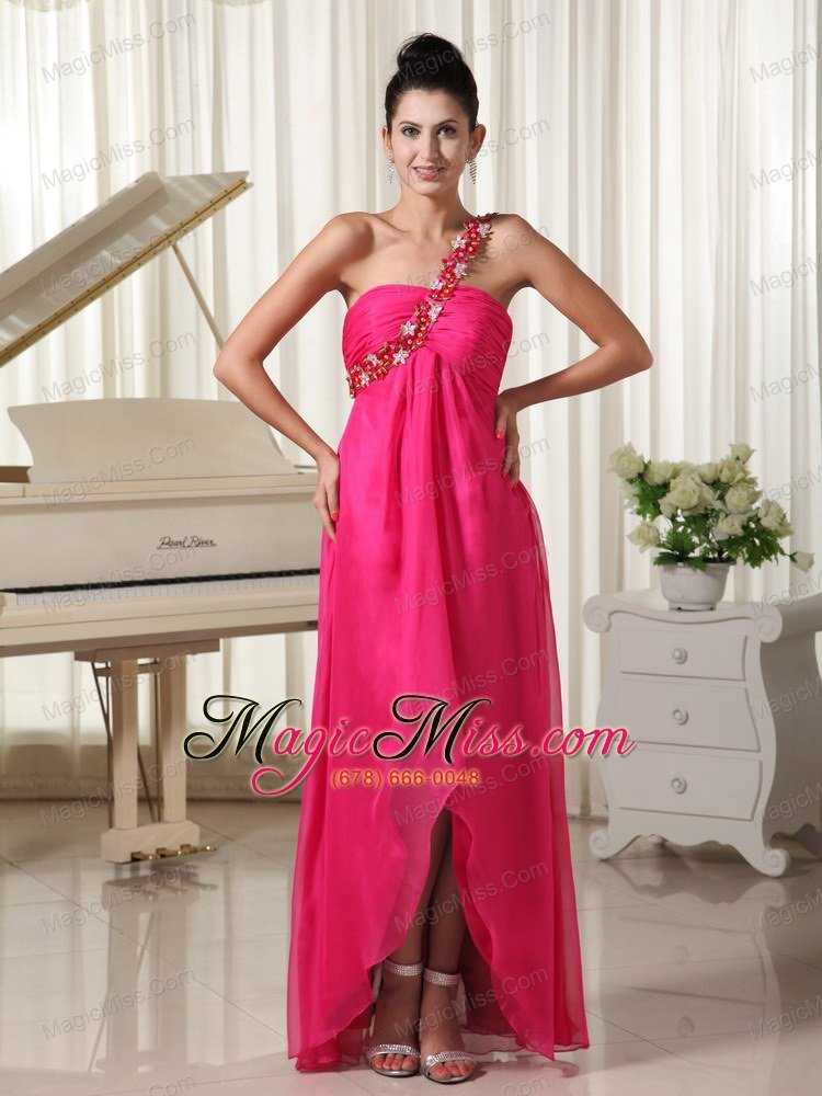 wholesale appliques decorate shoulder hot pink high-low prom dress with watteau train