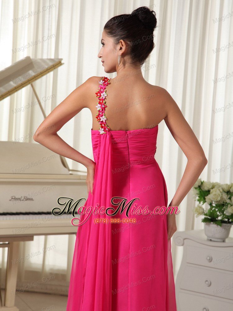 wholesale appliques decorate shoulder hot pink high-low prom dress with watteau train