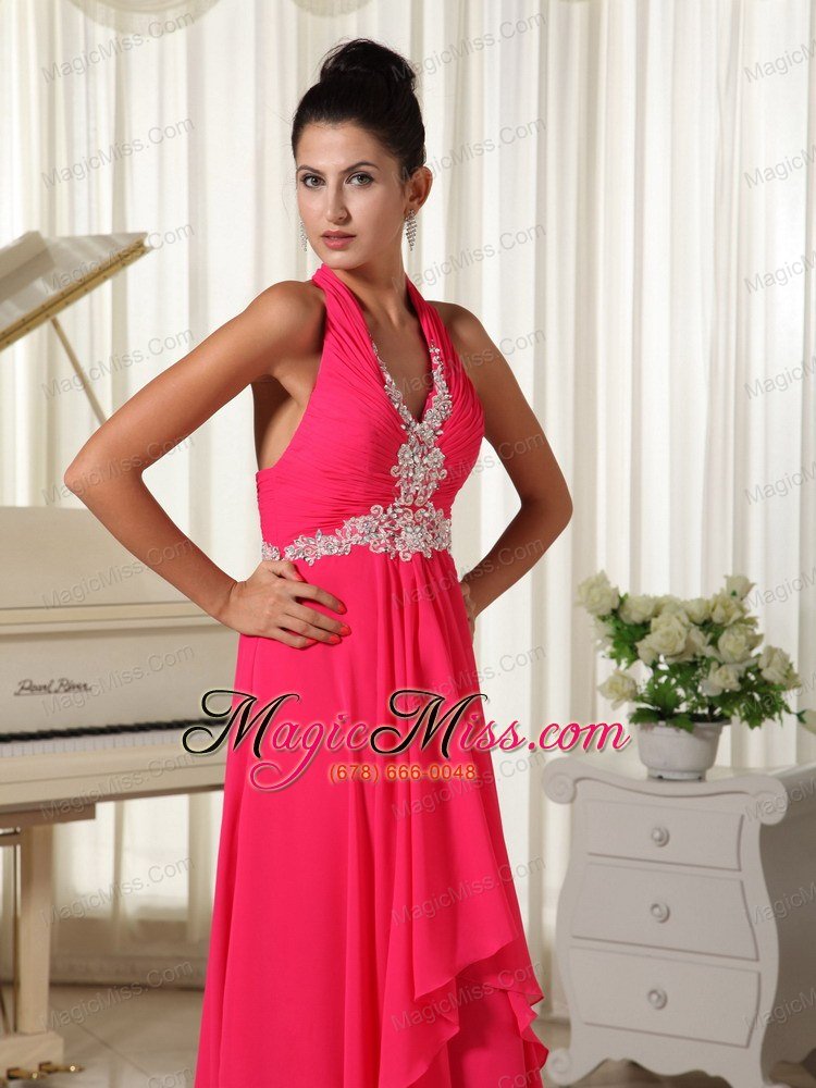 wholesale empire coral red chiffon halter waist appliques with zipper-up prom dress