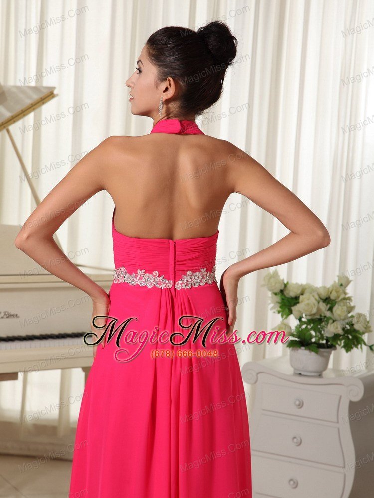 wholesale empire coral red chiffon halter waist appliques with zipper-up prom dress