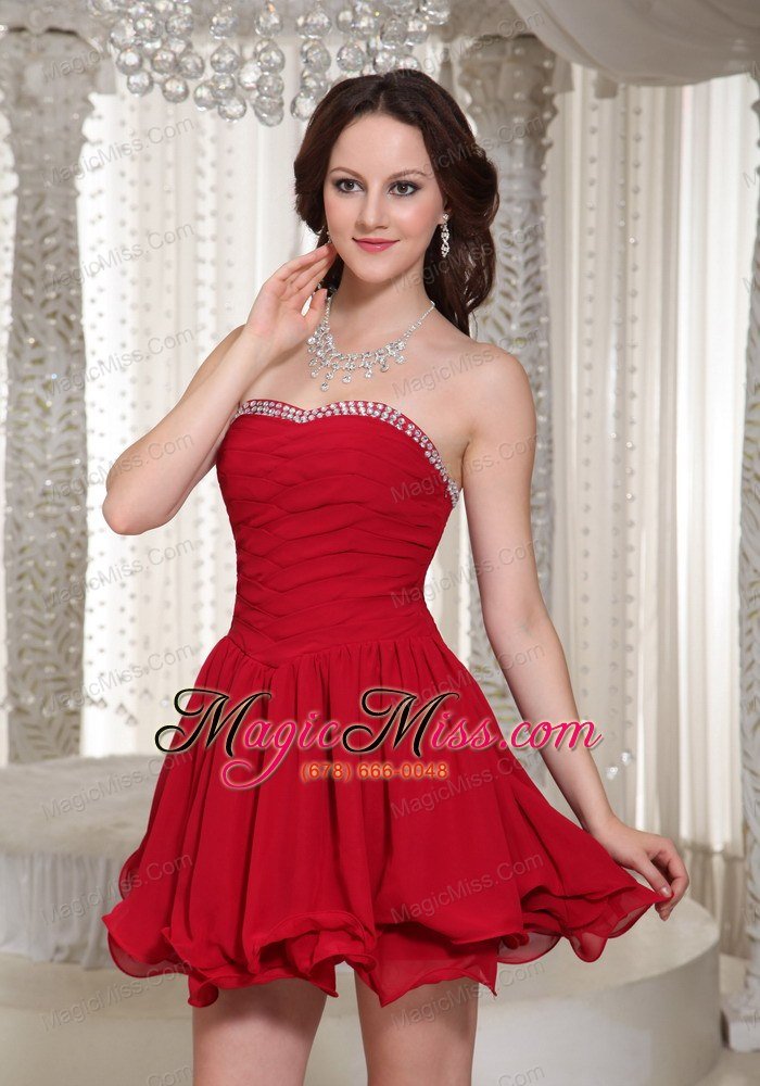 wholesale red a-line chiffon ruched bodice prom dress with beaded decorate for cocktail