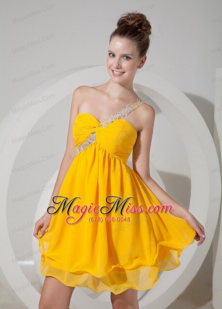 wholesale yellow empire one shoulder mini-length chiffon beading prom / homecoming dress