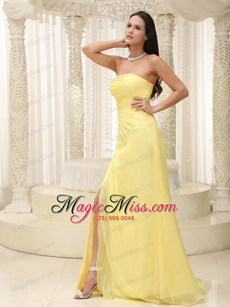wholesale light yellow high slit prom dress and gown stapless chiffon skirt