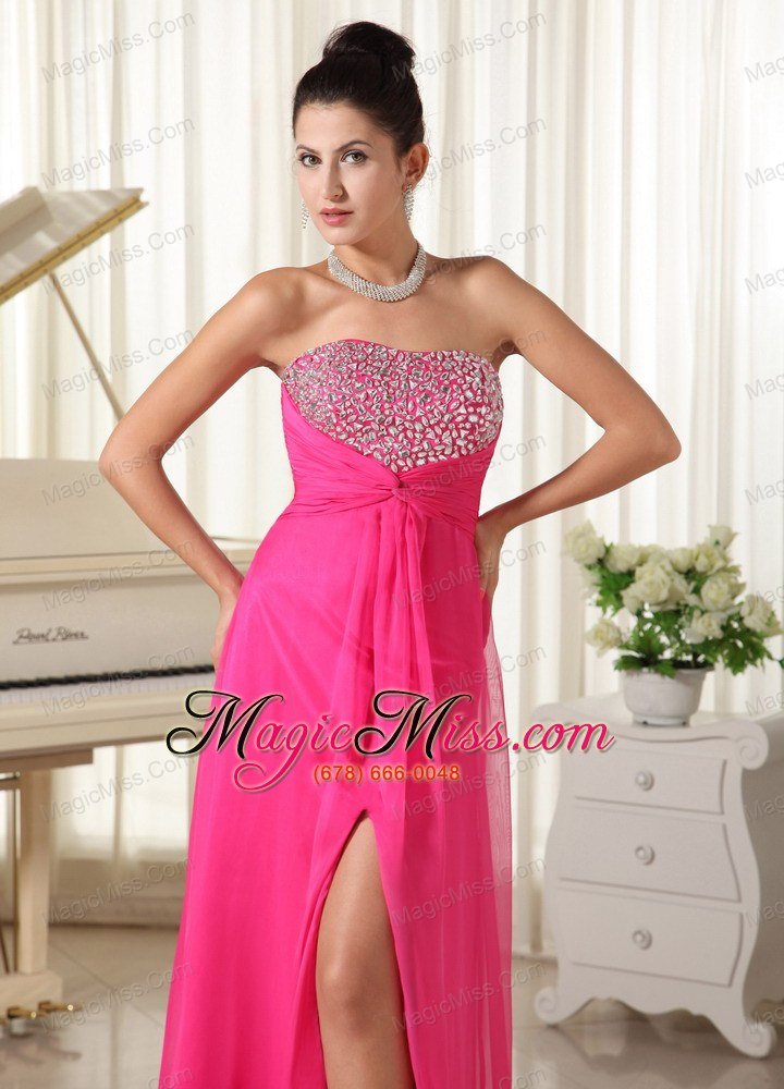 wholesale high slit strapless and beaded decorate bust hot pink prom dress