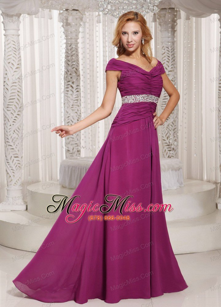wholesale fuchsia off the shoulder ruched bodice and beading customize mother of the bride dress for spring