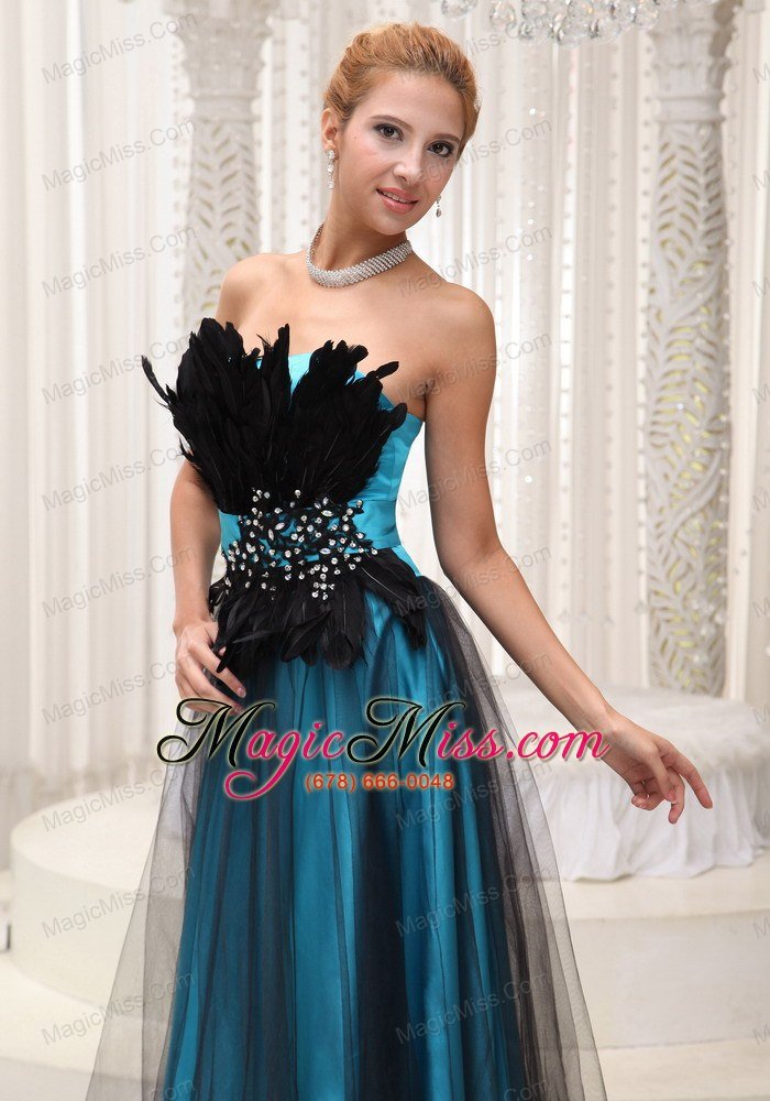 wholesale feather and beaded decorate bust tulle and taffeta prom / pageant dress for 2013 strapless and floor-length