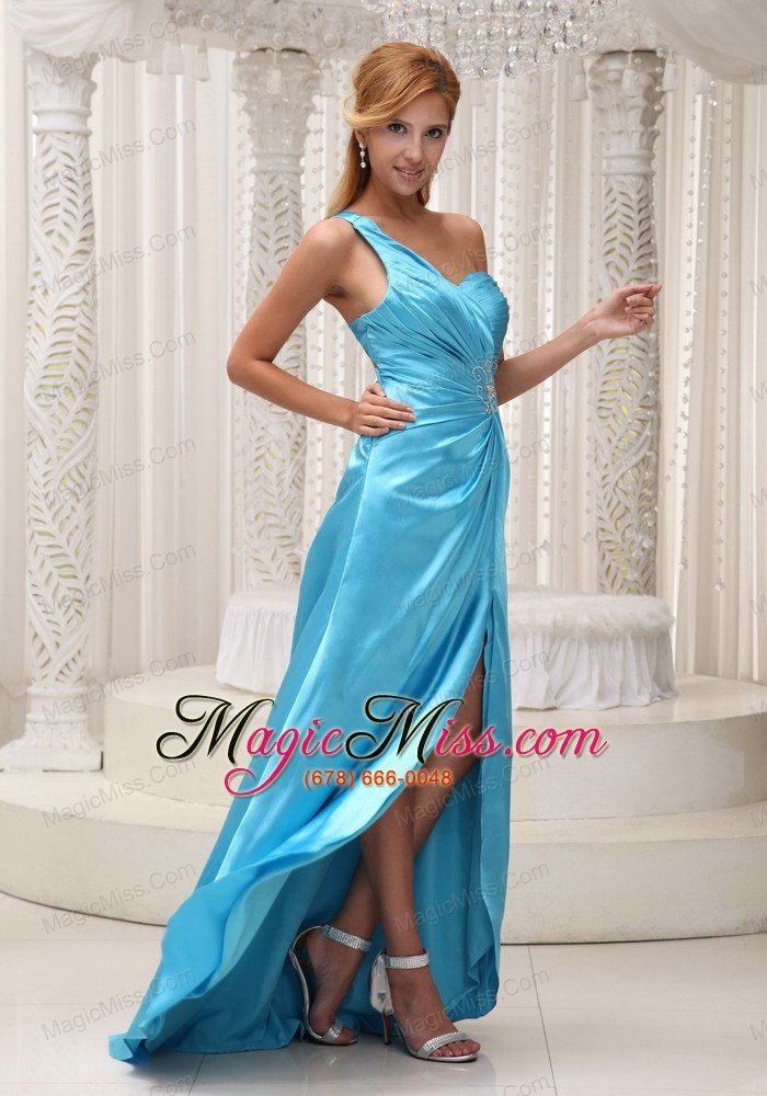 wholesale ruched decorate one shoulder high slit aqua blue taffeta prom / evening dress for 2013 beaded decorate wasit