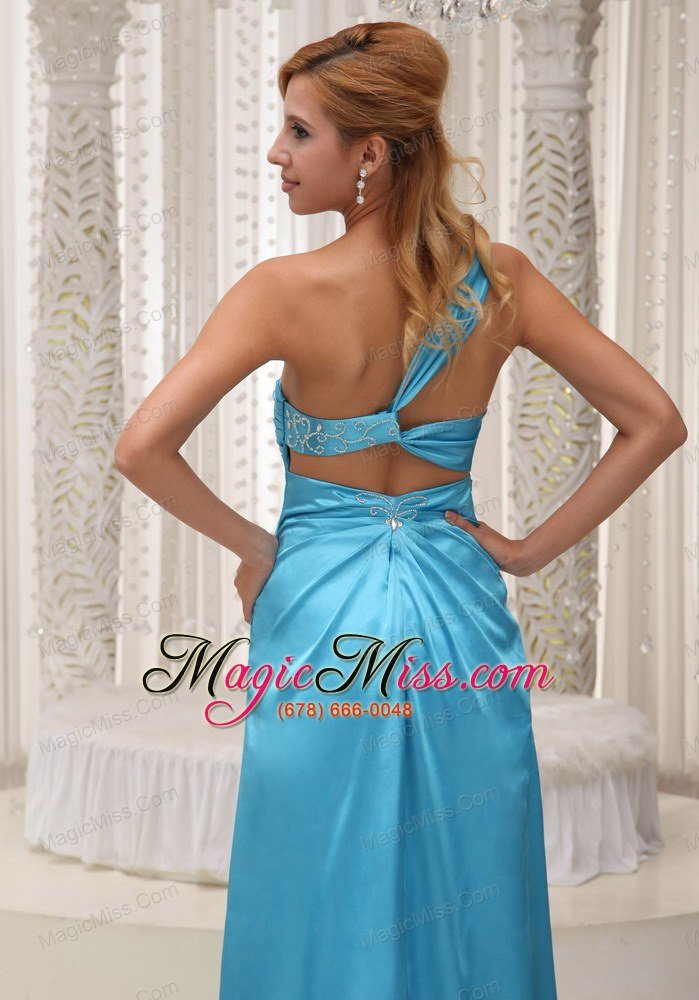 wholesale ruched decorate one shoulder high slit aqua blue taffeta prom / evening dress for 2013 beaded decorate wasit