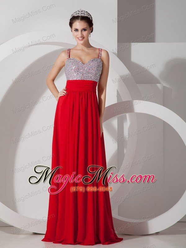 wholesale pretty red empire straps prom dress chiffon beading and ruch floor-length