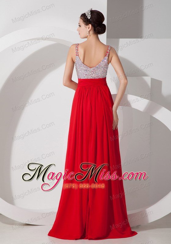 wholesale pretty red empire straps prom dress chiffon beading and ruch floor-length