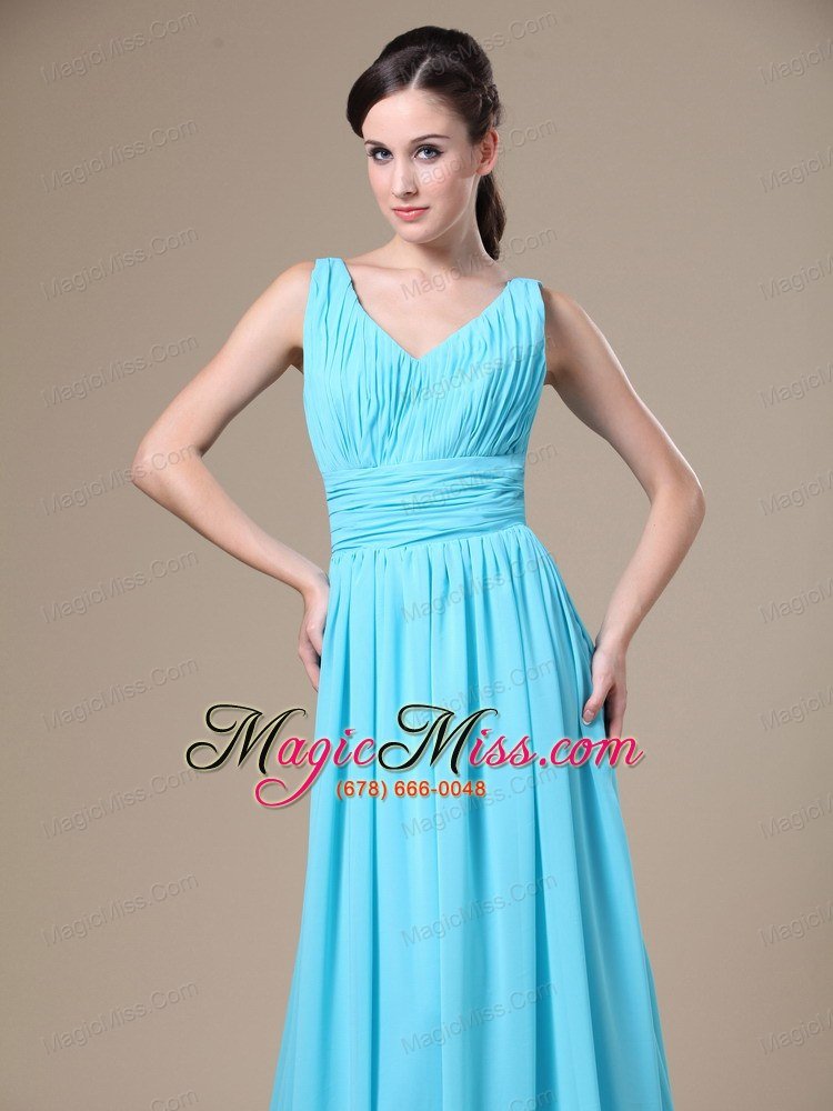 wholesale aqua blue v-neck and ruched bodice for modest prom dress in salt lake city