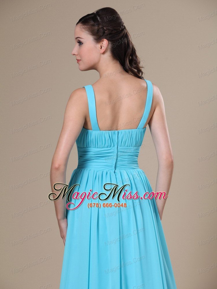 wholesale aqua blue v-neck and ruched bodice for modest prom dress in salt lake city
