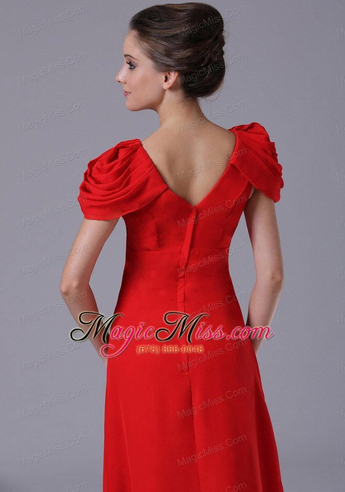 wholesale beading v-neck empire chiffon short sleeves red prom dress