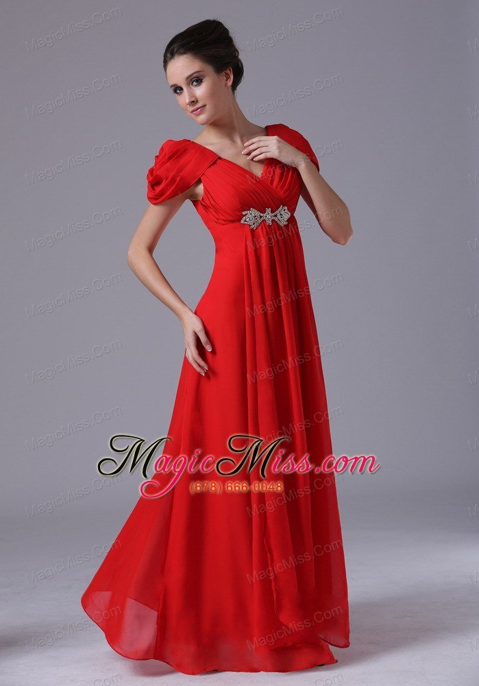 wholesale beading v-neck empire chiffon short sleeves red prom dress