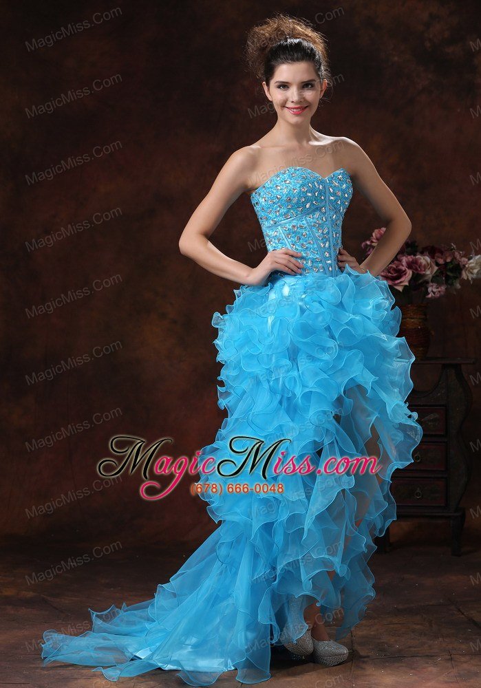 wholesale high-low aqua blue for 2013 prom dress with beaded bodice and ruffles in jefferson city