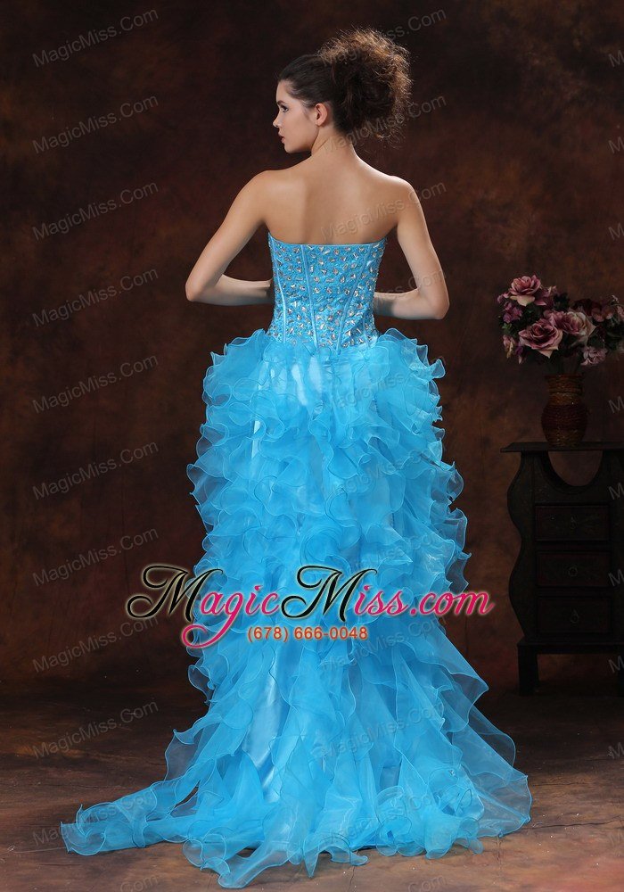wholesale high-low aqua blue for 2013 prom dress with beaded bodice and ruffles in jefferson city