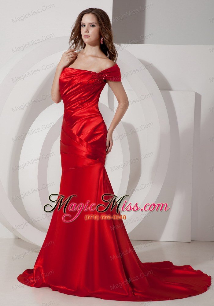 wholesale modest wine red off the shoulder evening dress elastic wove satin ruch court train