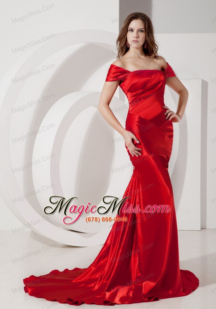 wholesale modest wine red off the shoulder evening dress elastic wove satin ruch court train