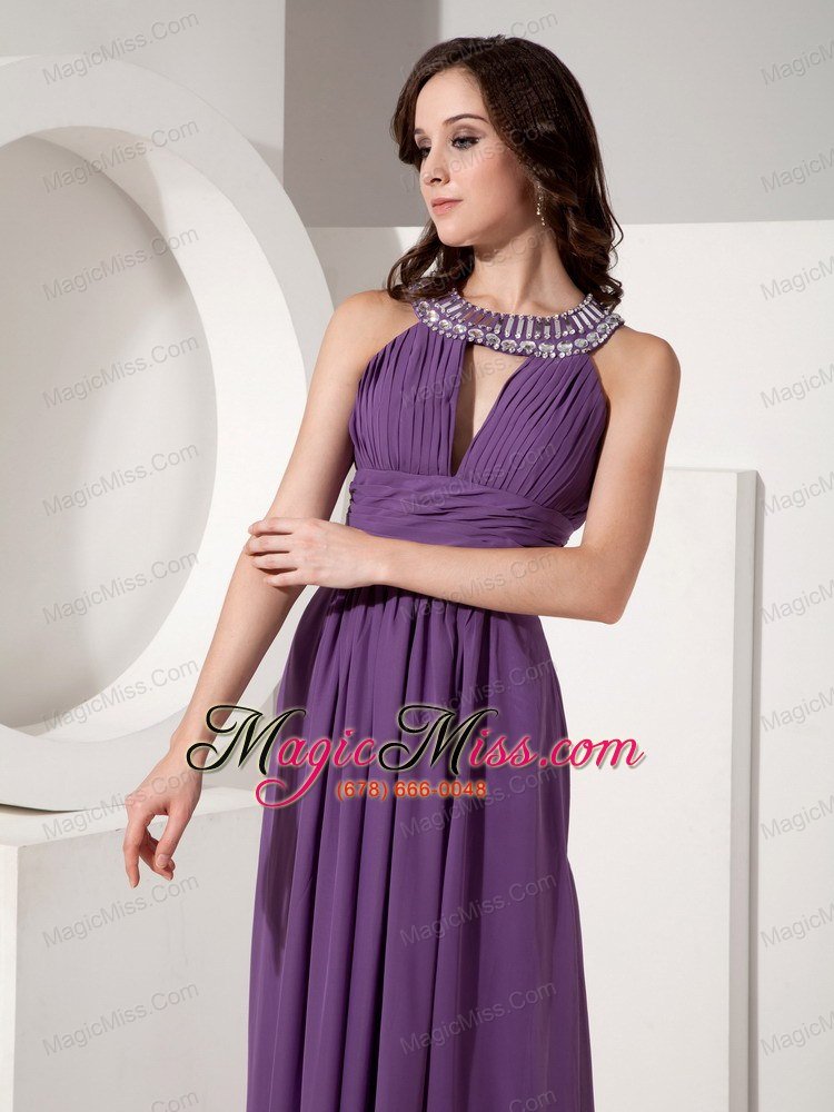 wholesale purple empire scoop neck floor-length chiffon beading prom dress
