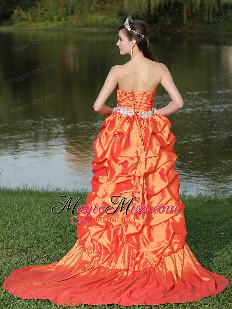 wholesale high-low orange red taffeta prom dress with strapless lace-up