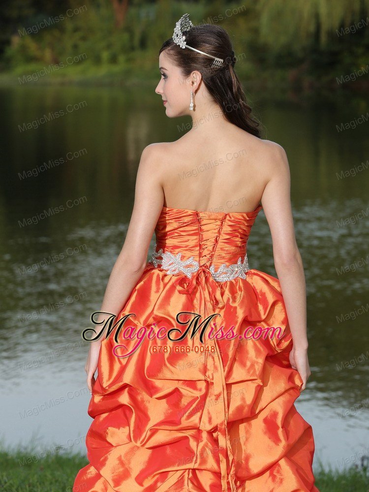 wholesale high-low orange red taffeta prom dress with strapless lace-up